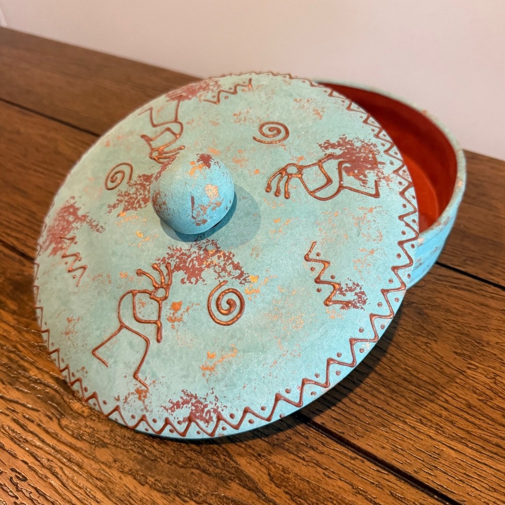 Native American Pottery Lidded Dish Turquoise Kokopelli Southwestern